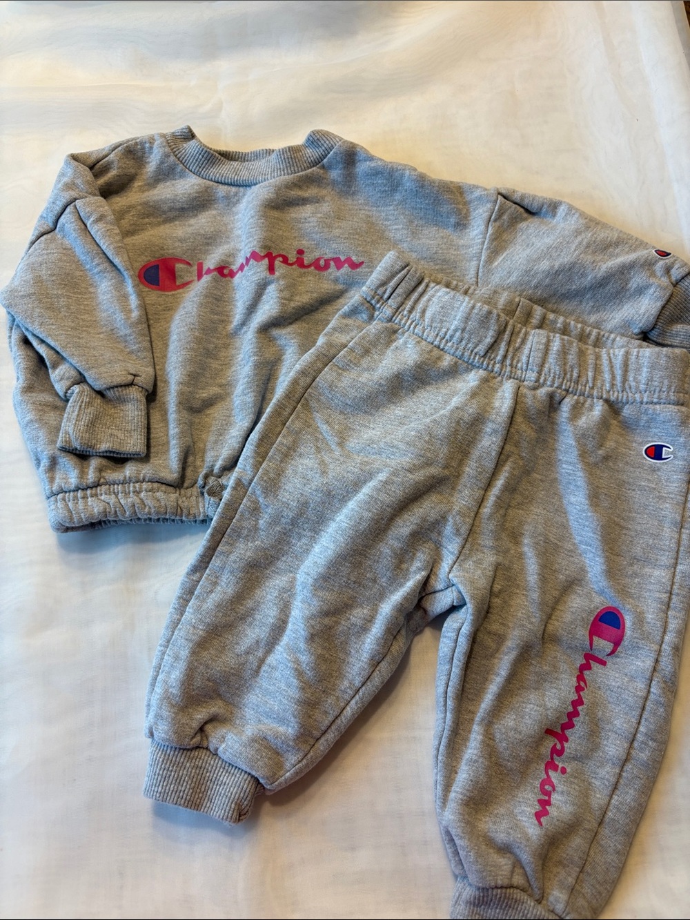 Champion Kids Heather Gray Sweatpants & Joggers with Pink Logo